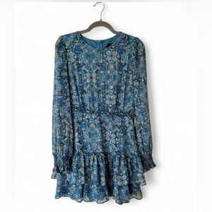 NWT AQUA Blue Print Long Sleeve Mini Dress size S tiered ruffled spring cocktail